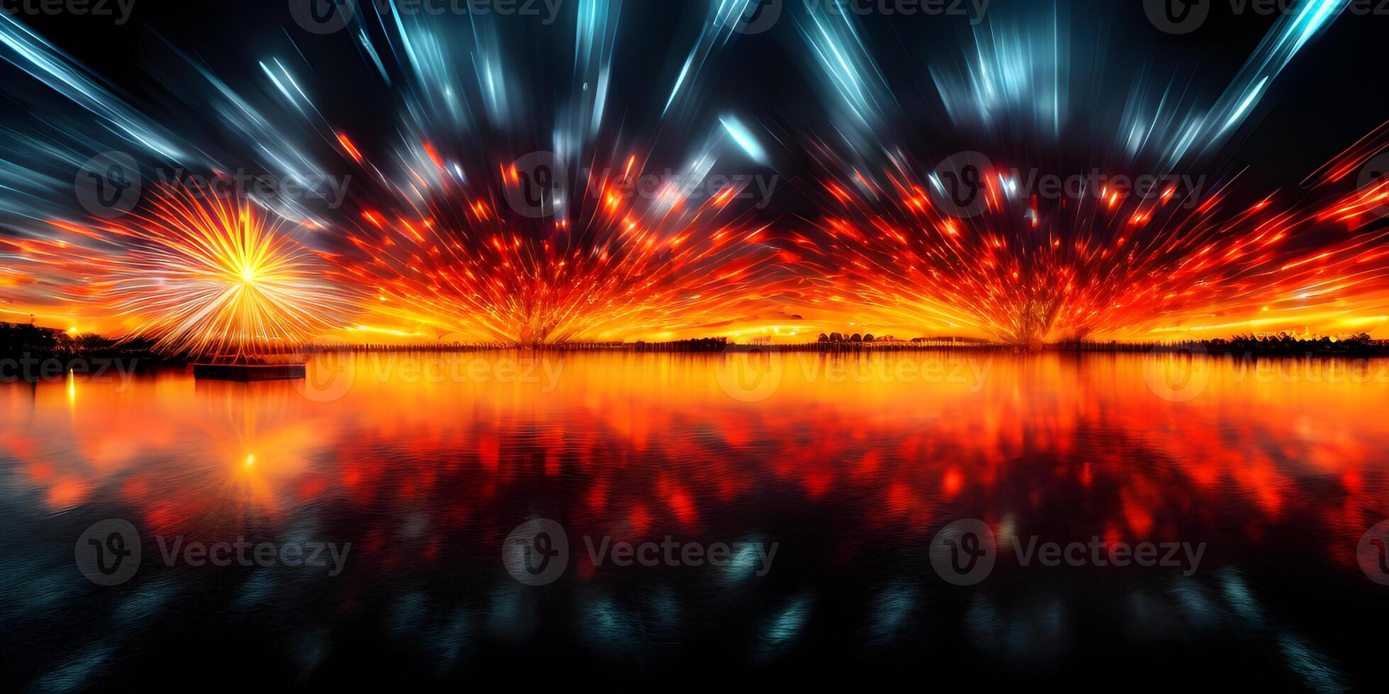 Colorful fireworks display with vibrant reflections on water at night nature background, photo