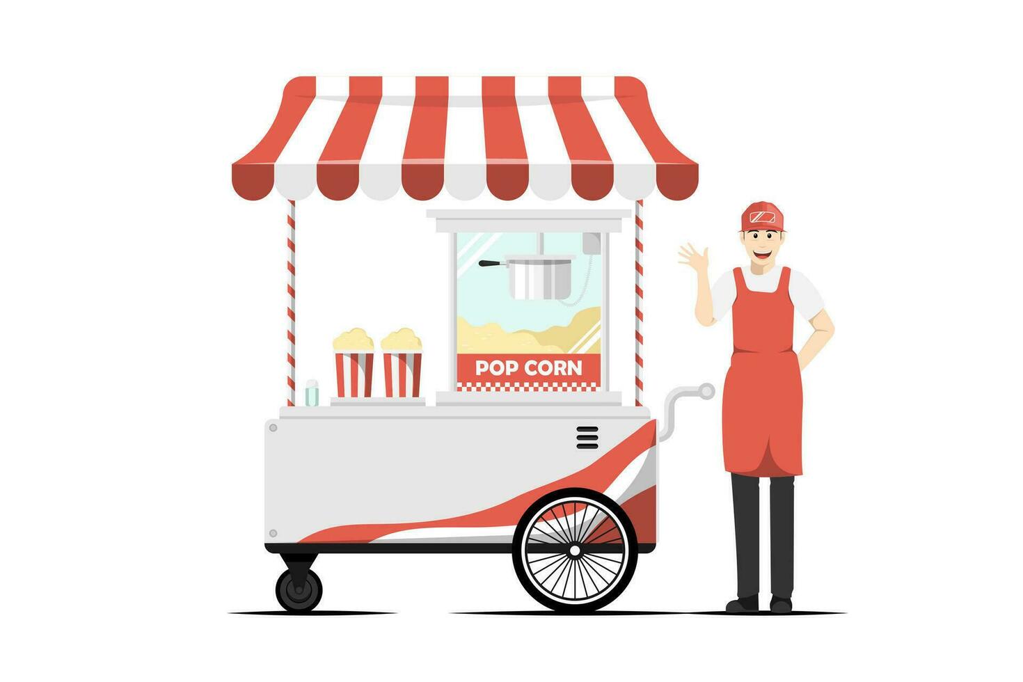 Cartoon popcorn cart with male salesperson on isolated background, Digital marketing illustration. vector