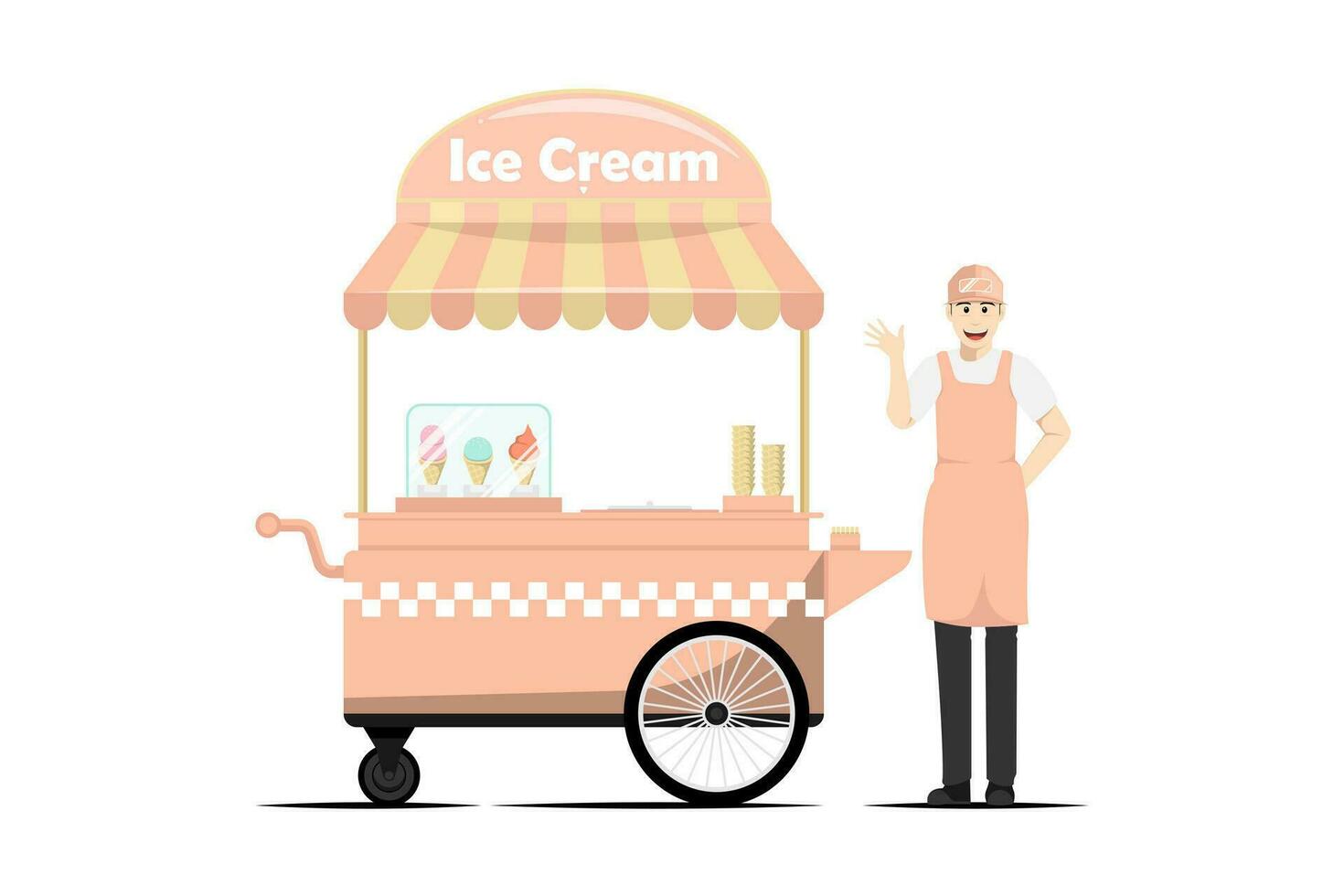 Cartoon ice cream cart with male salesperson on isolated background, Digital marketing illustration. vector