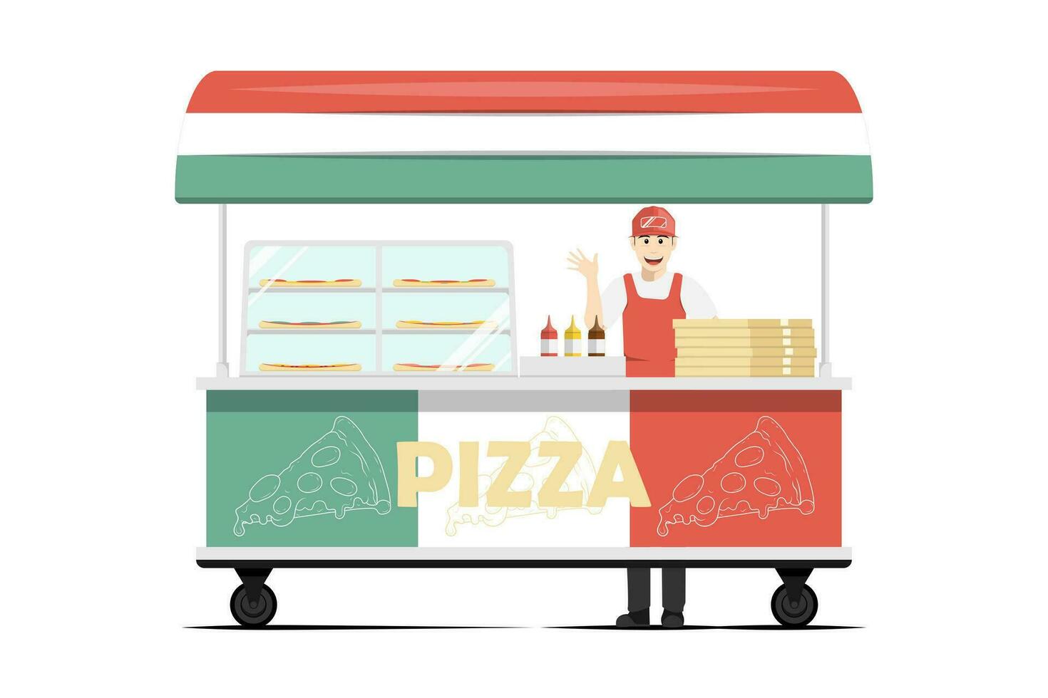 Cartoon pizza cart with male salesperson on isolated background, Digital marketing illustration. vector