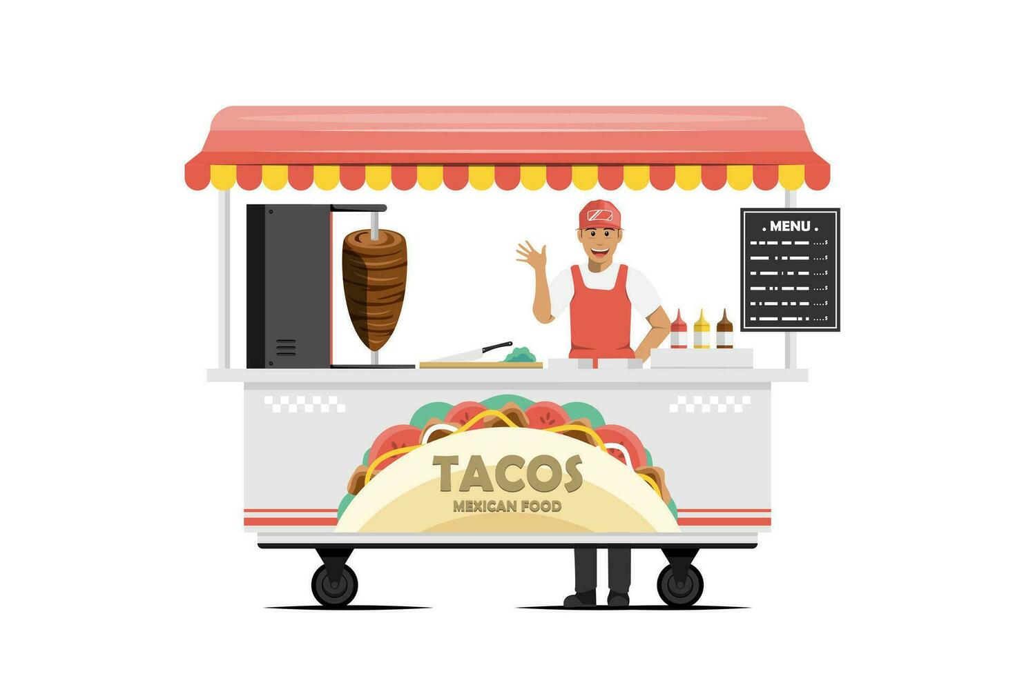 dibujos animados taco carro con masculino vendedor en aislado fondo, digital márketing ilustración. vector