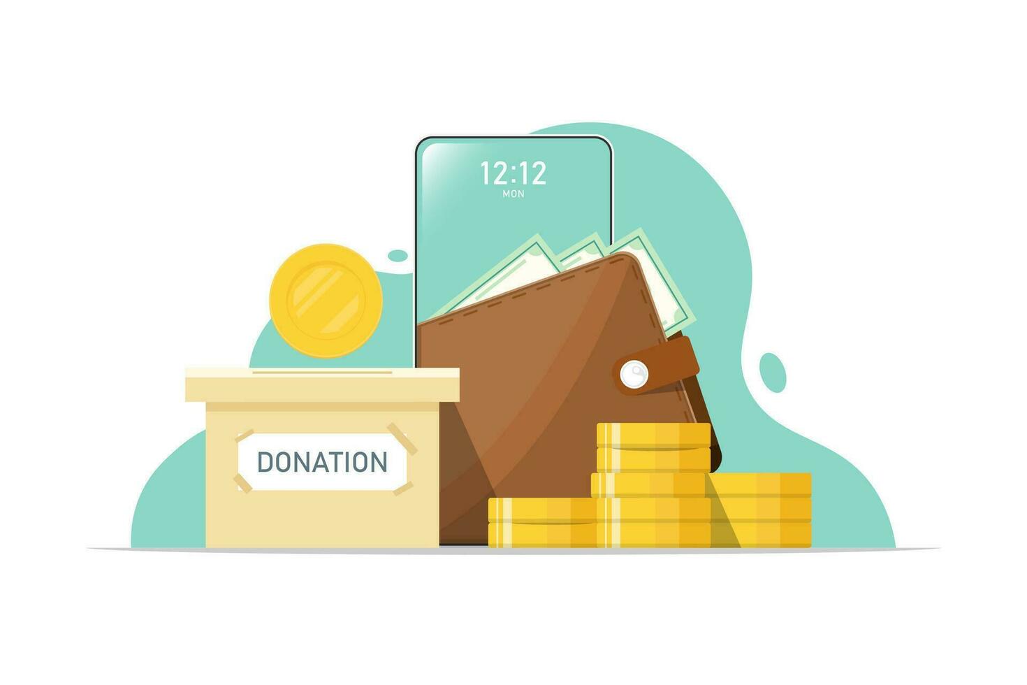 Online donations for the community, Smartphone with wallet, money, paper box on isolated background, Digital marketing illustration. vector