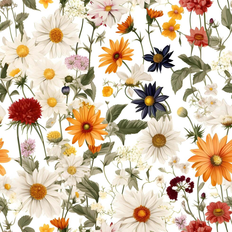 Seamless pattern with wildflowers. Hand-drawn illustration. photo