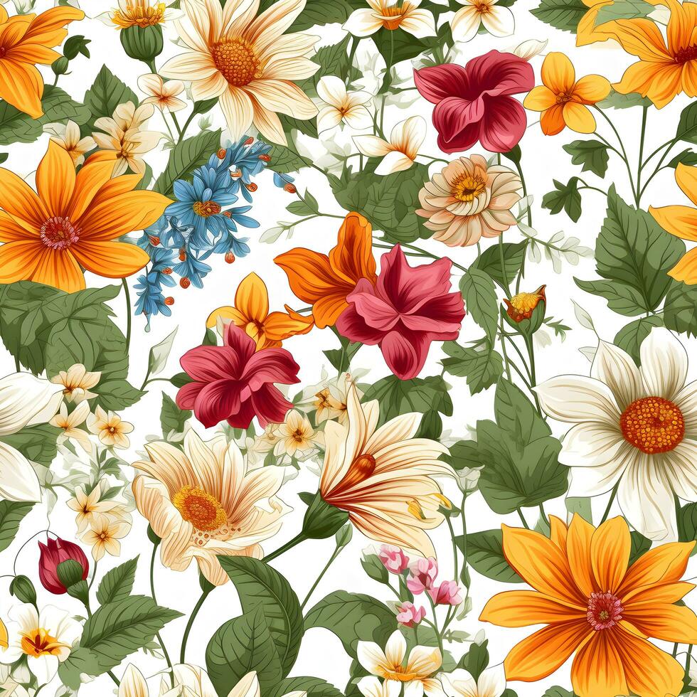 Seamless pattern with wildflowers. Hand-drawn illustration. photo