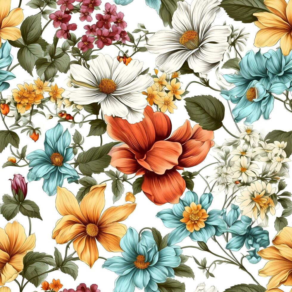 Seamless pattern with wildflowers. Hand-drawn illustration. photo