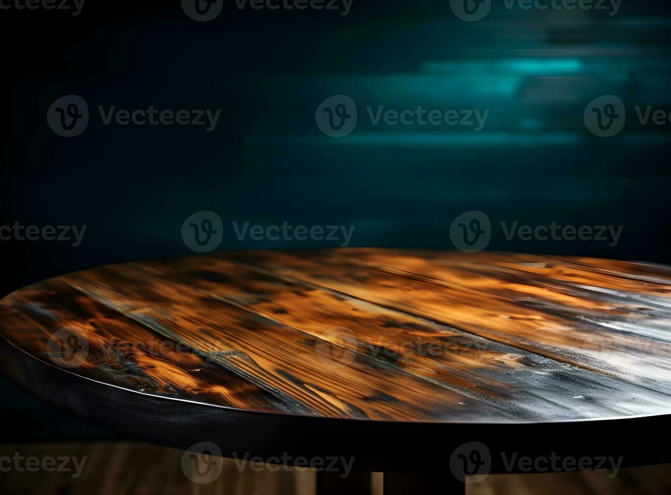 Empty wooden table over blurred bokeh background, product display montage photo