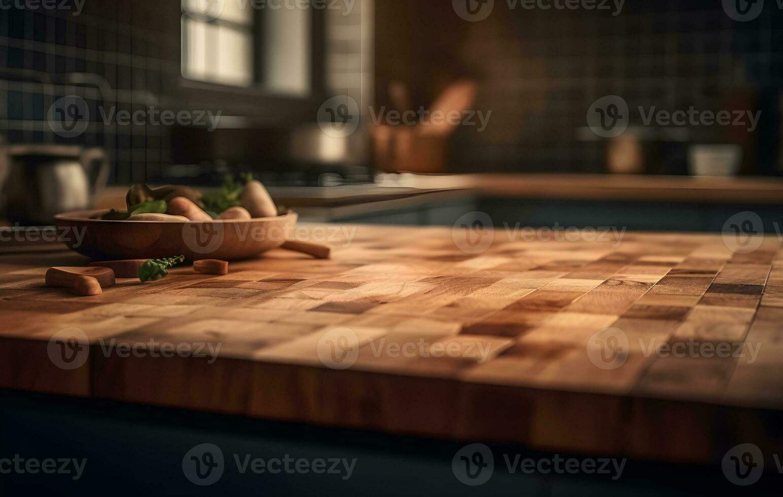 Empty wooden table over blurred bokeh background, product display montage photo