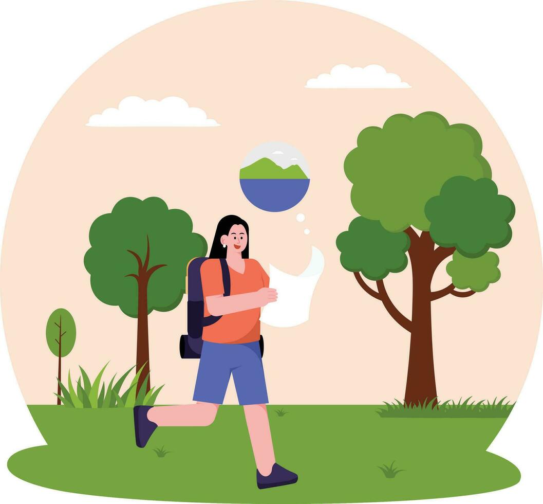 Tourist Looking At Map Travel Towards Island Illustration vector