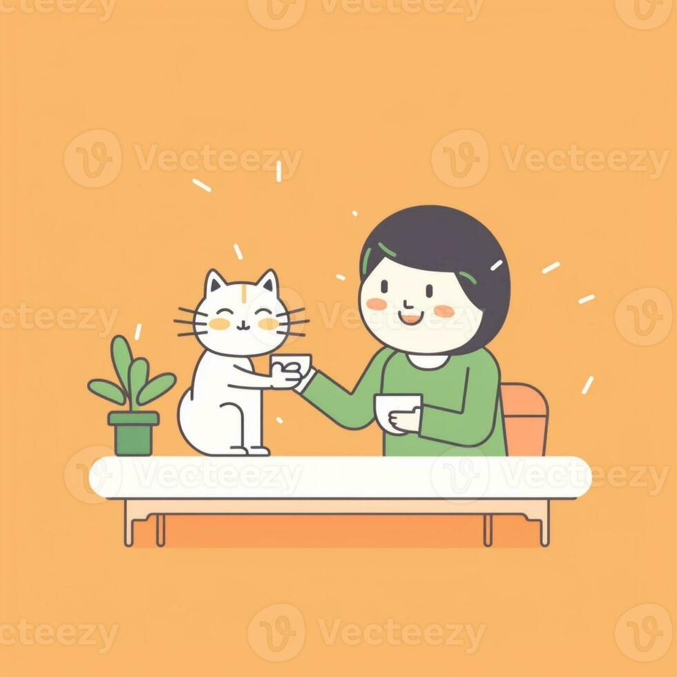 un niña bebida café en habitación con su gato en dibujos animados estilo. ai generar foto