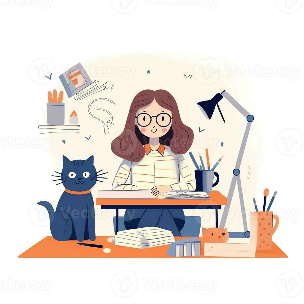 A girl is reading a book and a cute cat is next to her in cartoon style. AI Generate photo