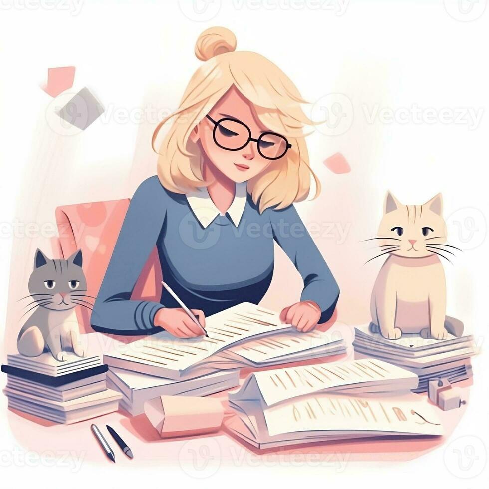 mujer es trabajando en el escritorio y linda gatos es siguiente a su. foto