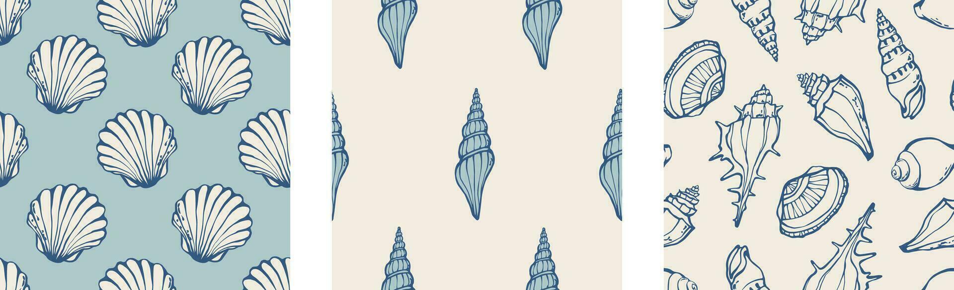 Seashells backgrounds set hand drawn blue marine bathroom wallpapers print design with different conch and cockle shells. Vector illustration.