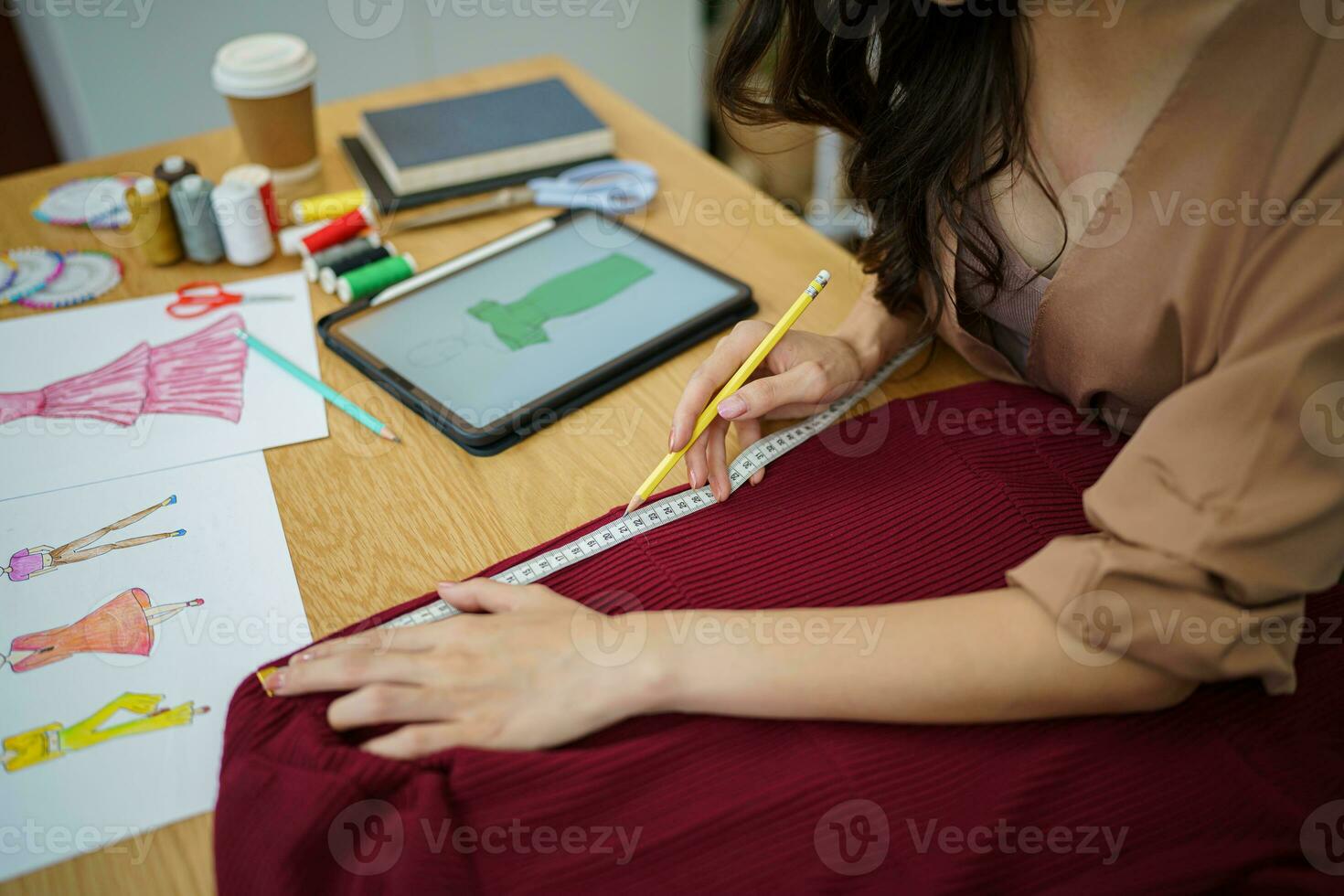 Start-up Stylish Fashion Designer work as sketch of new collection in atelier. Creative Design Concept. photo