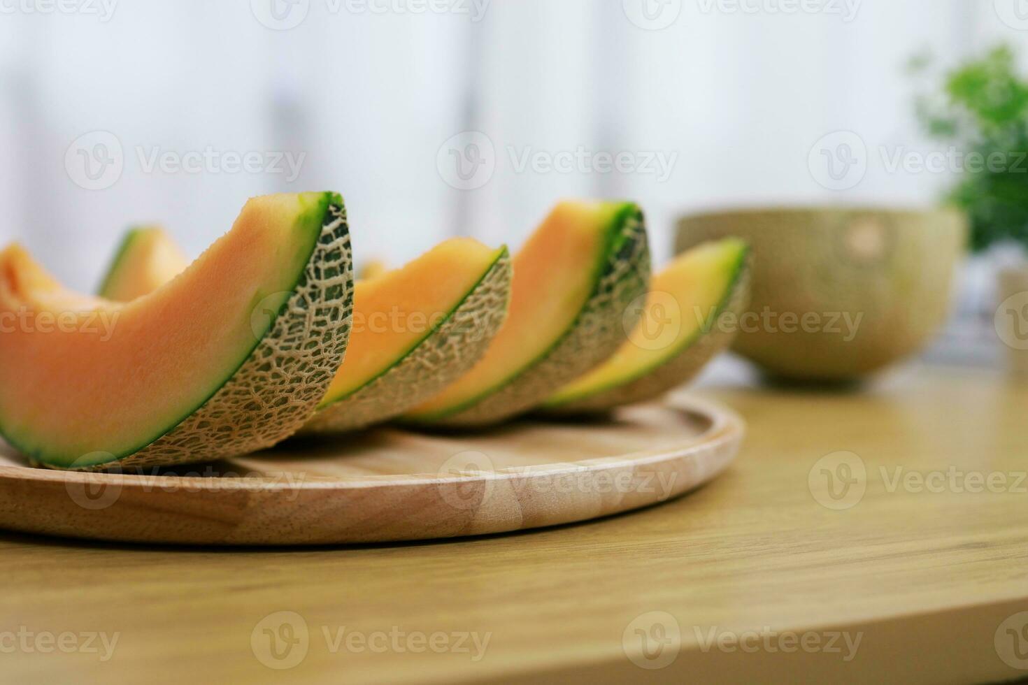 Fruits for healthcare Green Melon wooden table honey melon or cantaloupe photo