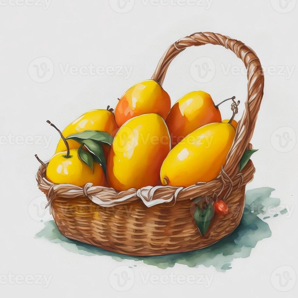 Mangoes in a picnic basket. AI generated image. photo