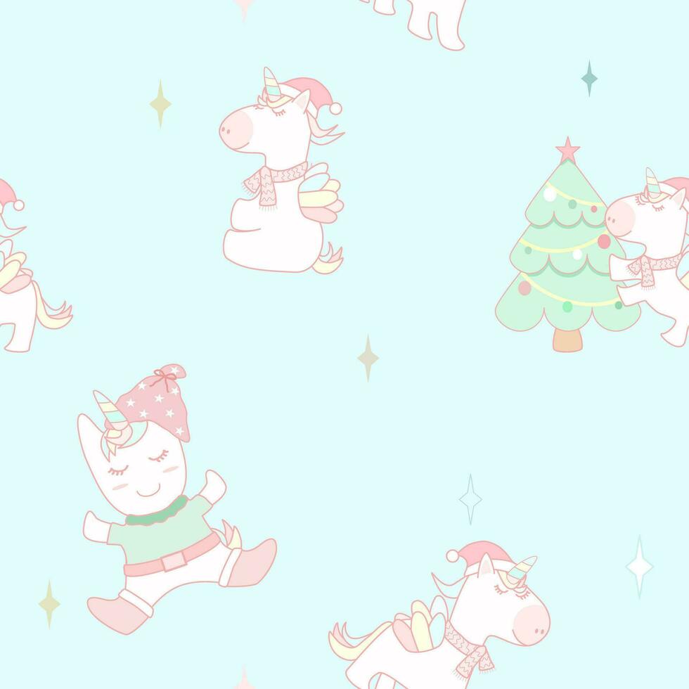 Vector - Abstract seamless pattern of cute cartoon unicorns with Santa hat and X'mas green tree on blue background.