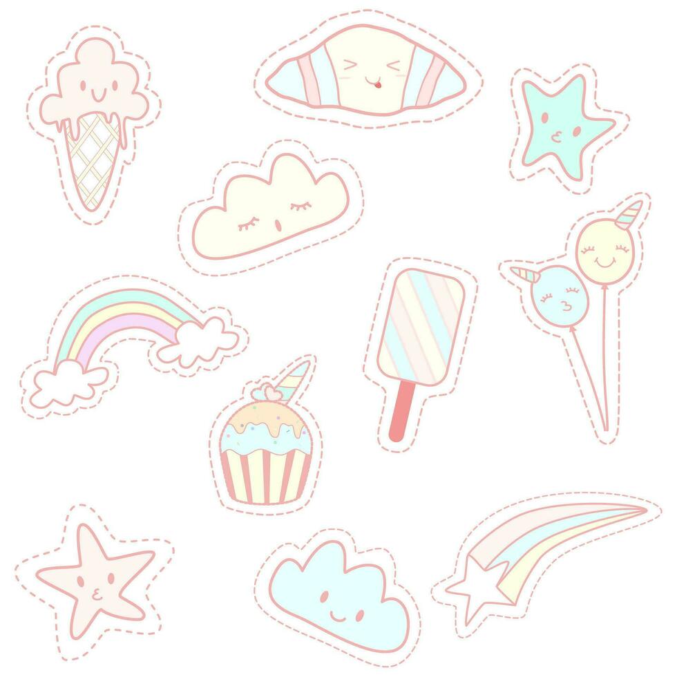 Vector - Set cute cartoon of ice cream, croissant, cup cake, cloud and star.