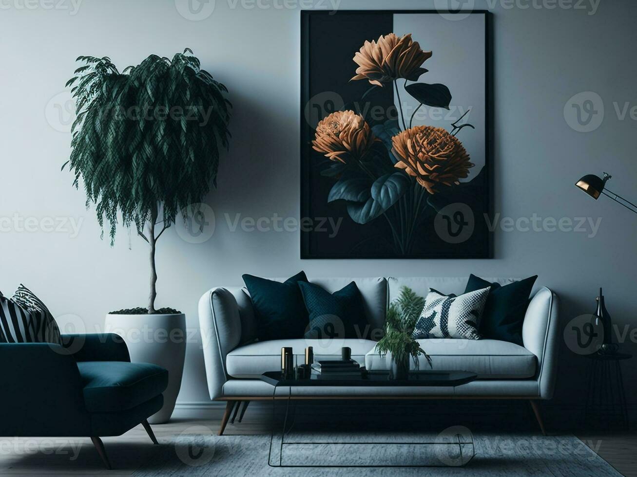 vivo habitación interior diseño con sofá y silla y flores en mesa y maquetas póster de flores foto