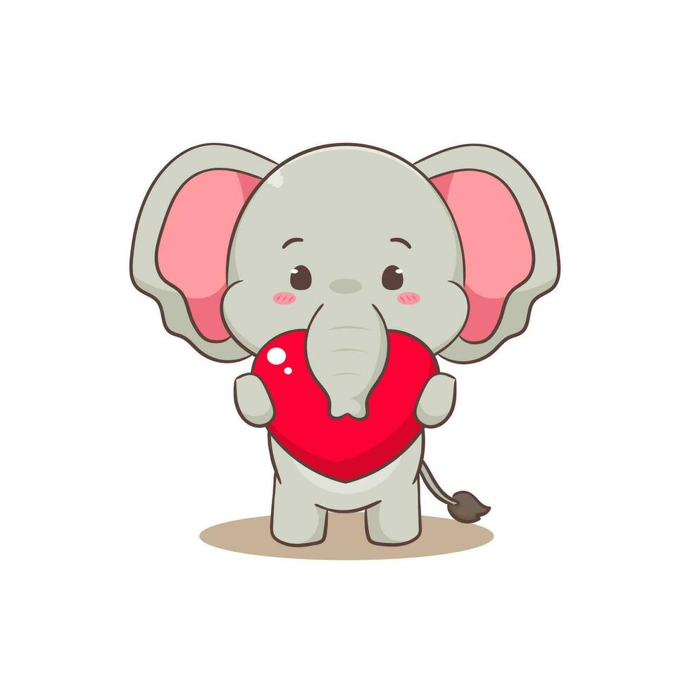 Cute elephant cartoon character holding red love heart. Adorable animal concept flat design. Isolated white background. Vector art illustration.