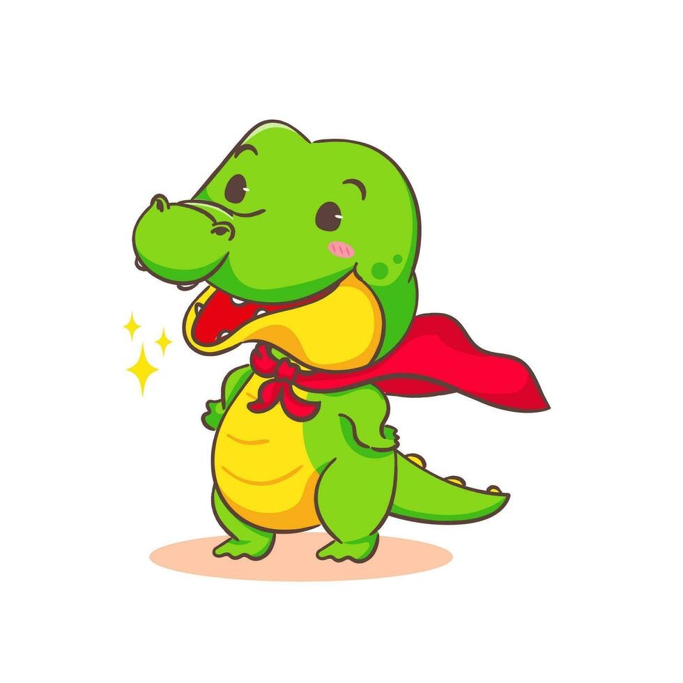 Cute crocodile superhero cartoon character on white background vector illustration. Funny Alligator Predator Green Adorable animal concept design.