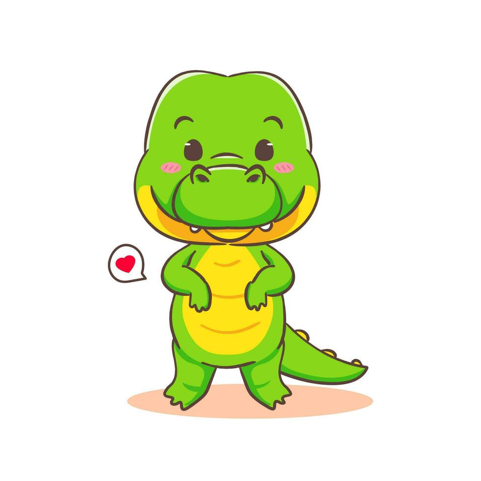 ute cocodrilo dibujos animados personaje en pie en blanco antecedentes vector ilustración. gracioso caimán depredador verde adorable animal concepto diseño.