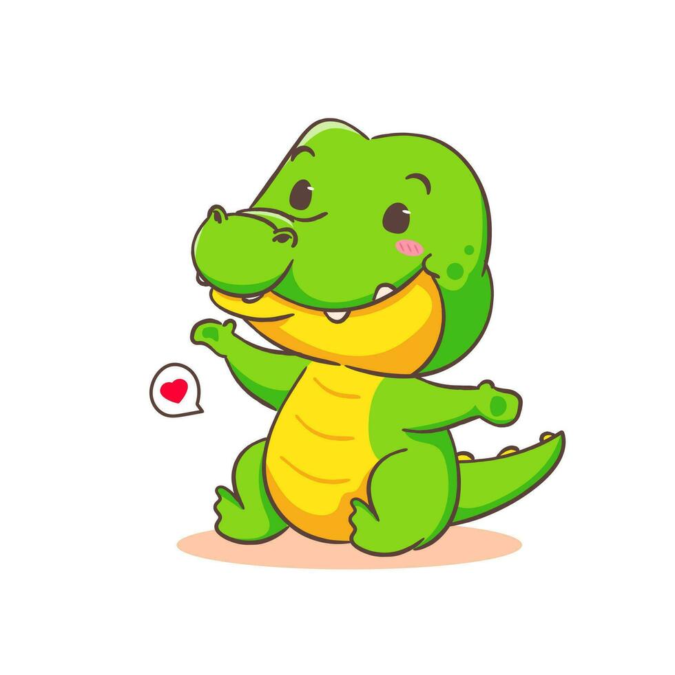 Cute crocodile sitting cartoon character on white background vector illustration. Funny Alligator Predator Green Adorable animal concept design.