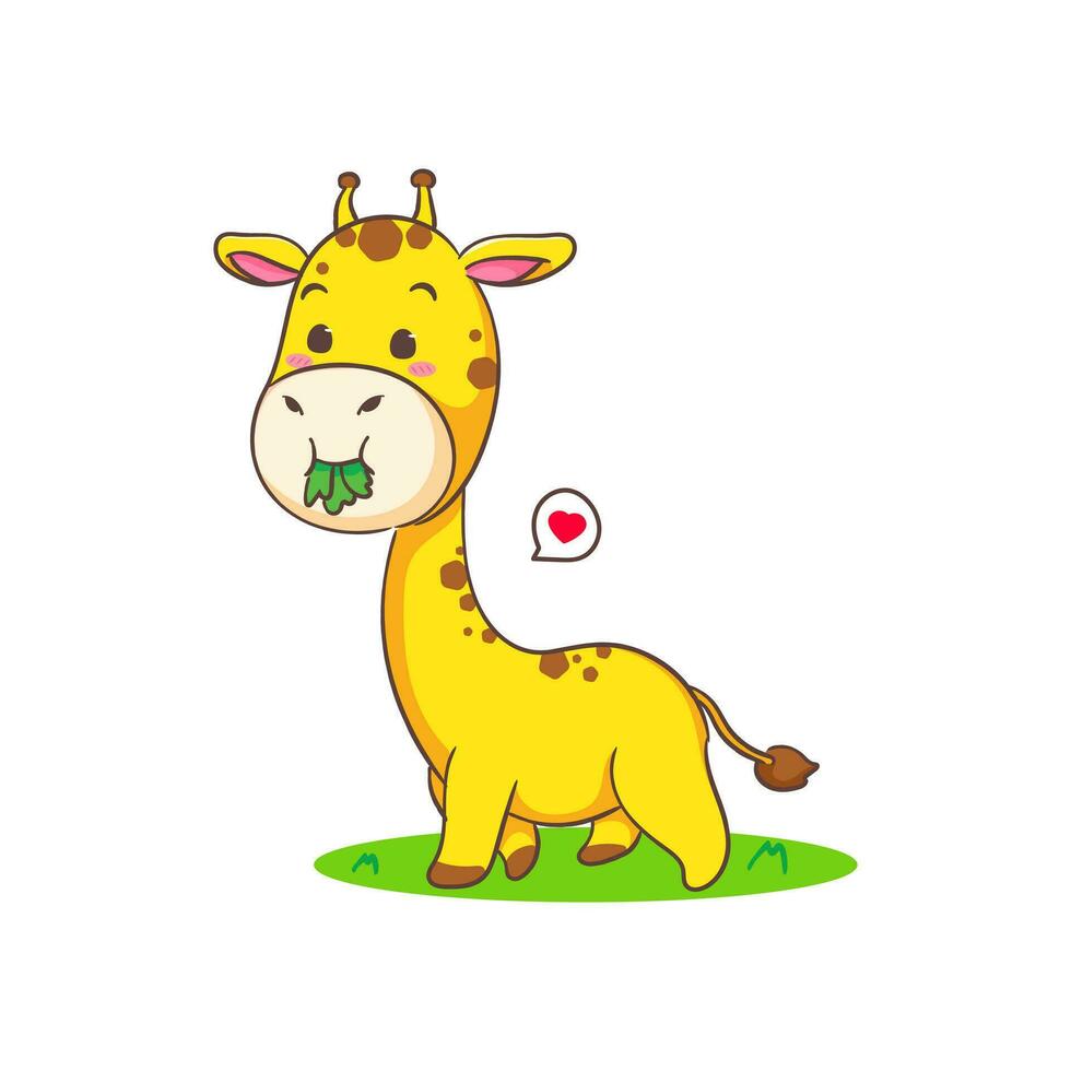 linda contento jirafa comiendo césped dibujos animados personaje en blanco antecedentes vector ilustración. gracioso adorable animal concepto diseño.