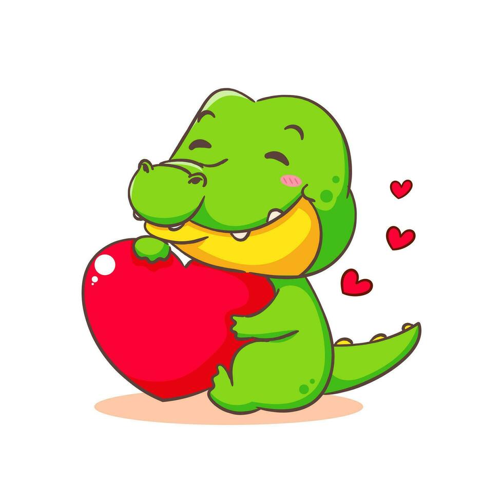 Cute crocodile hug big love heart cartoon character on white background vector illustration. Funny Alligator Predator Green Adorable animal concept design.