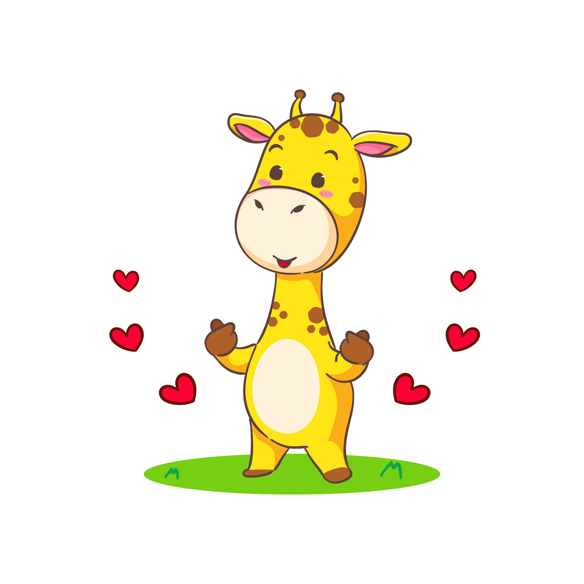Cute happy giraffe love hand sign cartoon character on white background