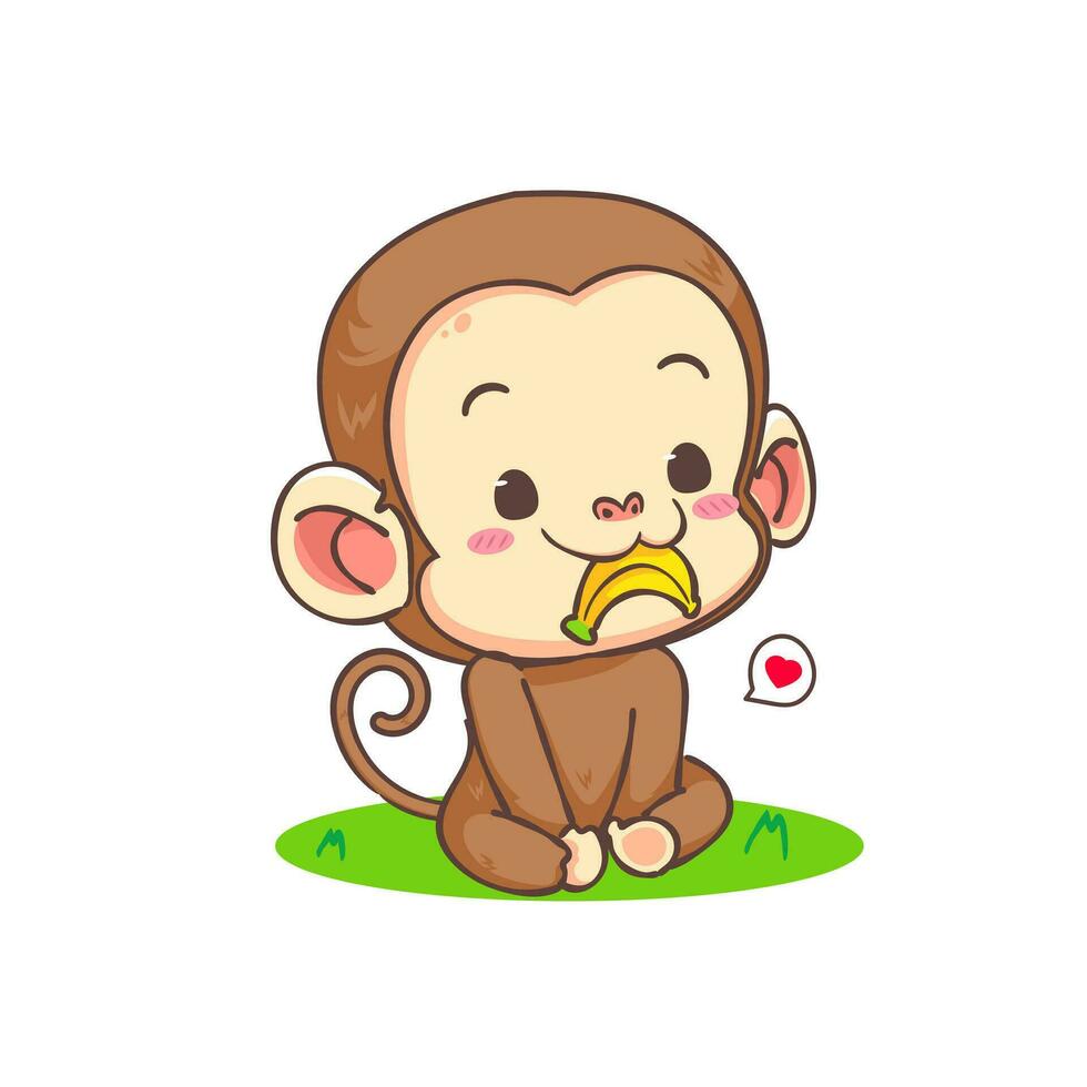 Cute monkey eats banana cartoon character. Adorable animal mascot concept design. Isolated white background. Flat Vector illustration