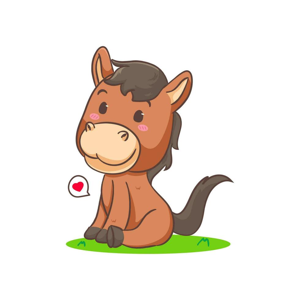 Cute brown horse cartoon sitting isolated white background. Adorable kawaii animal concept design vector illustration