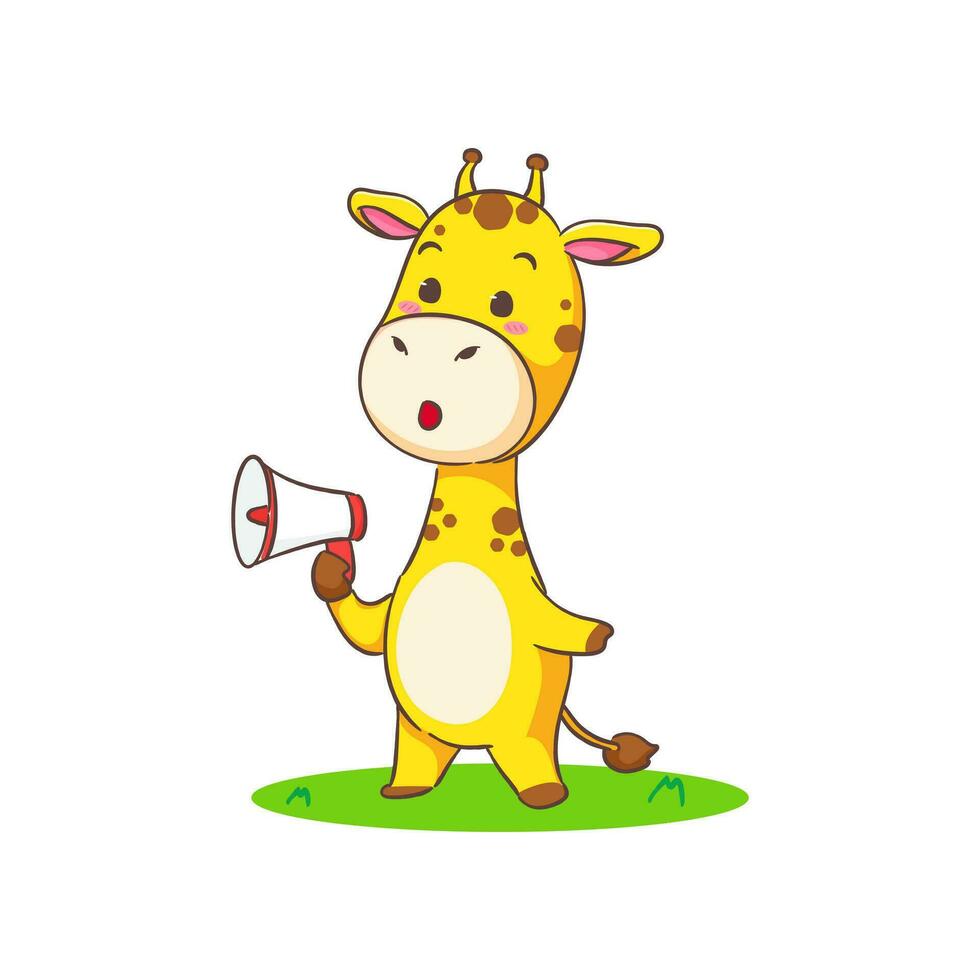 linda contento jirafa participación megáfono dibujos animados personaje en blanco antecedentes vector ilustración. gracioso adorable animal concepto diseño.