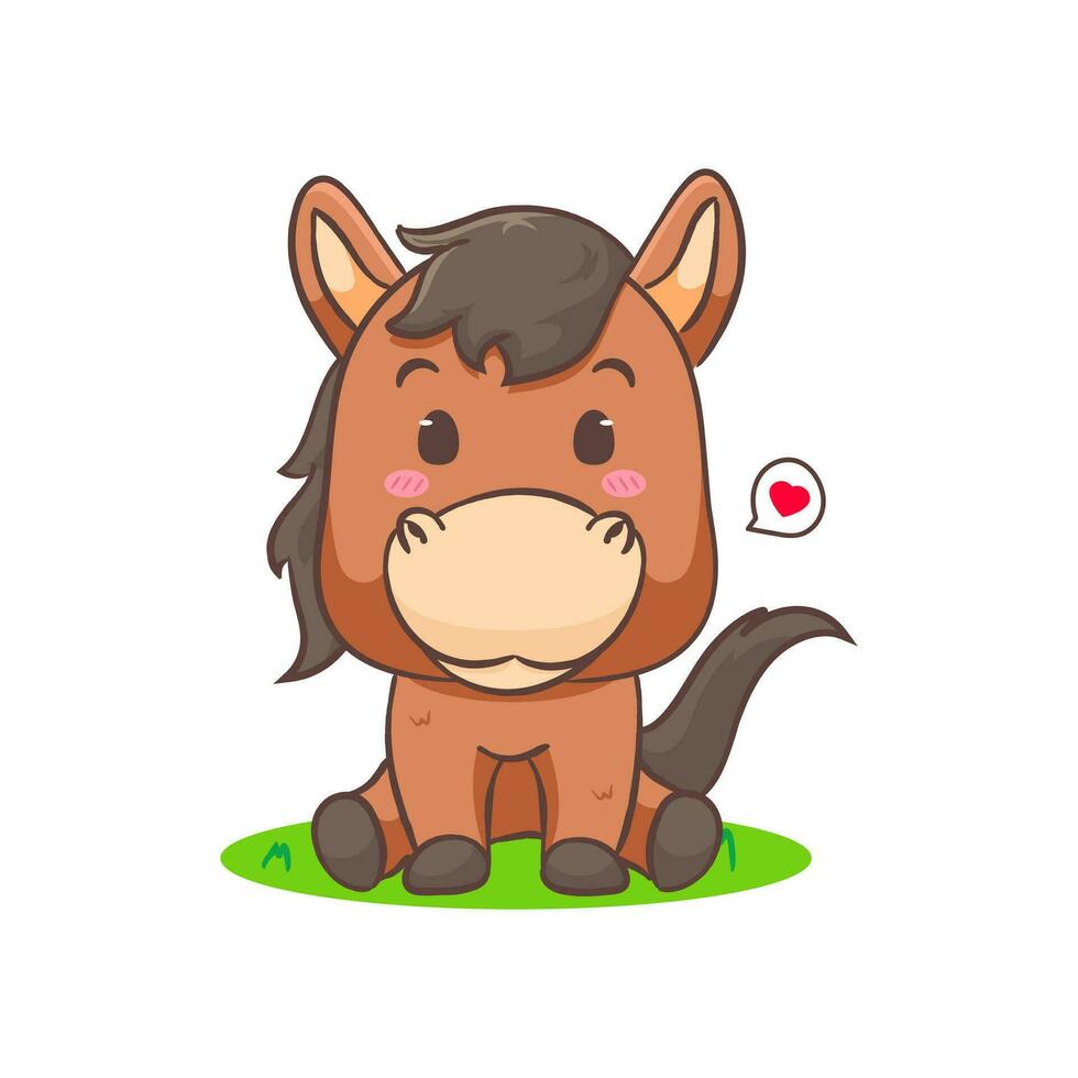 Cute brown horse cartoon isolated white background. Adorable kawaii animal concept design vector illustration