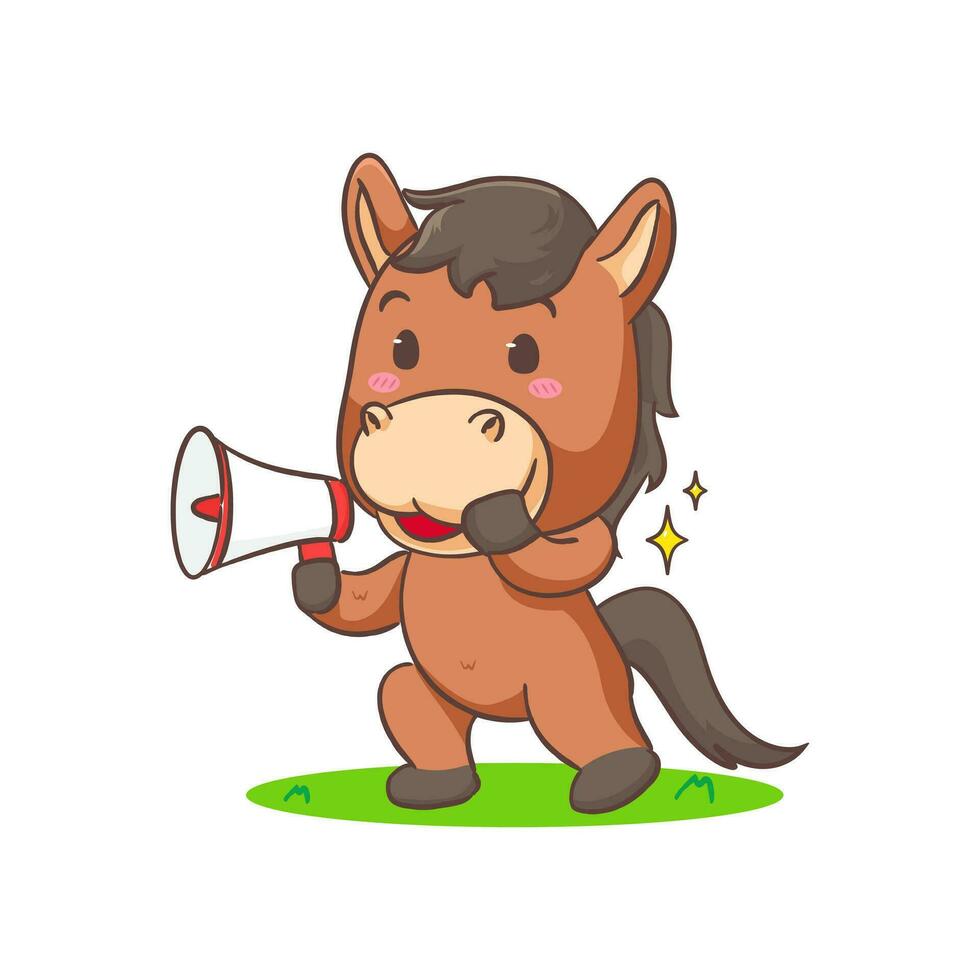 Cute brown horse cartoon holding megaphone isolated white background. Adorable kawaii animal concept design vector illustration