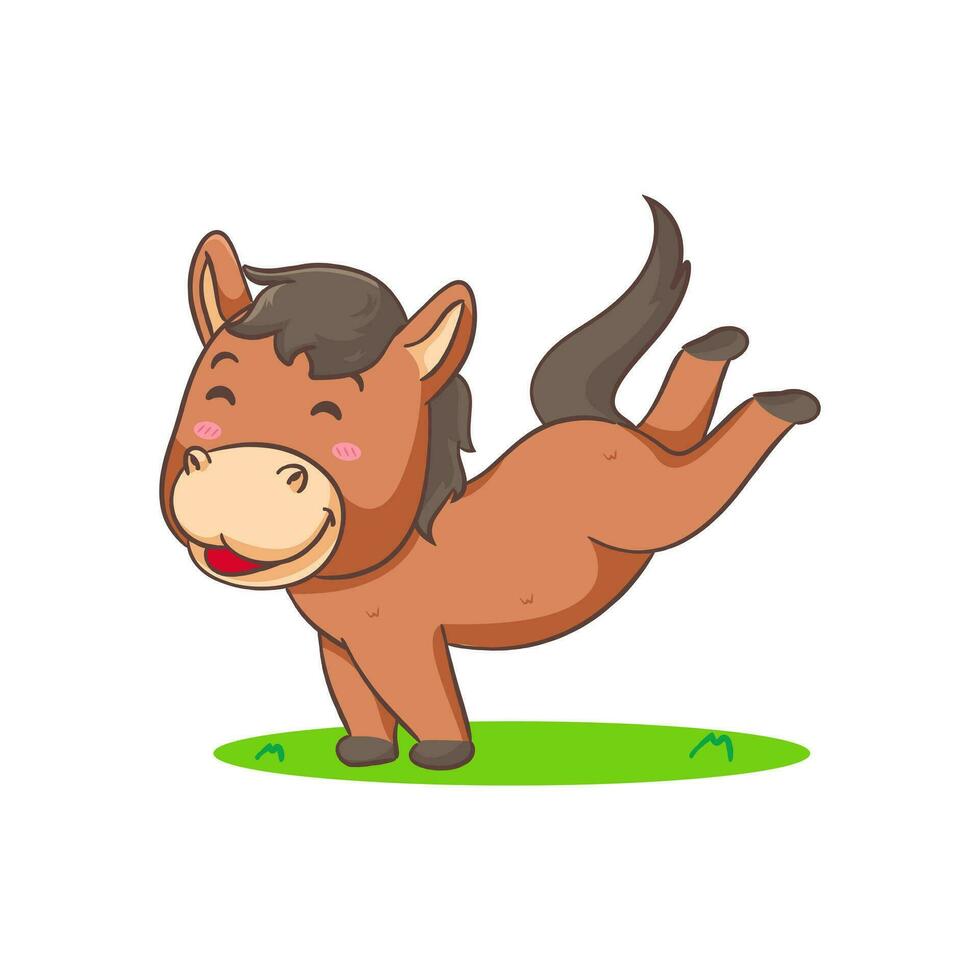 Cute brown horse cartoon kicking isolated white background. Adorable kawaii animal concept design vector illustration