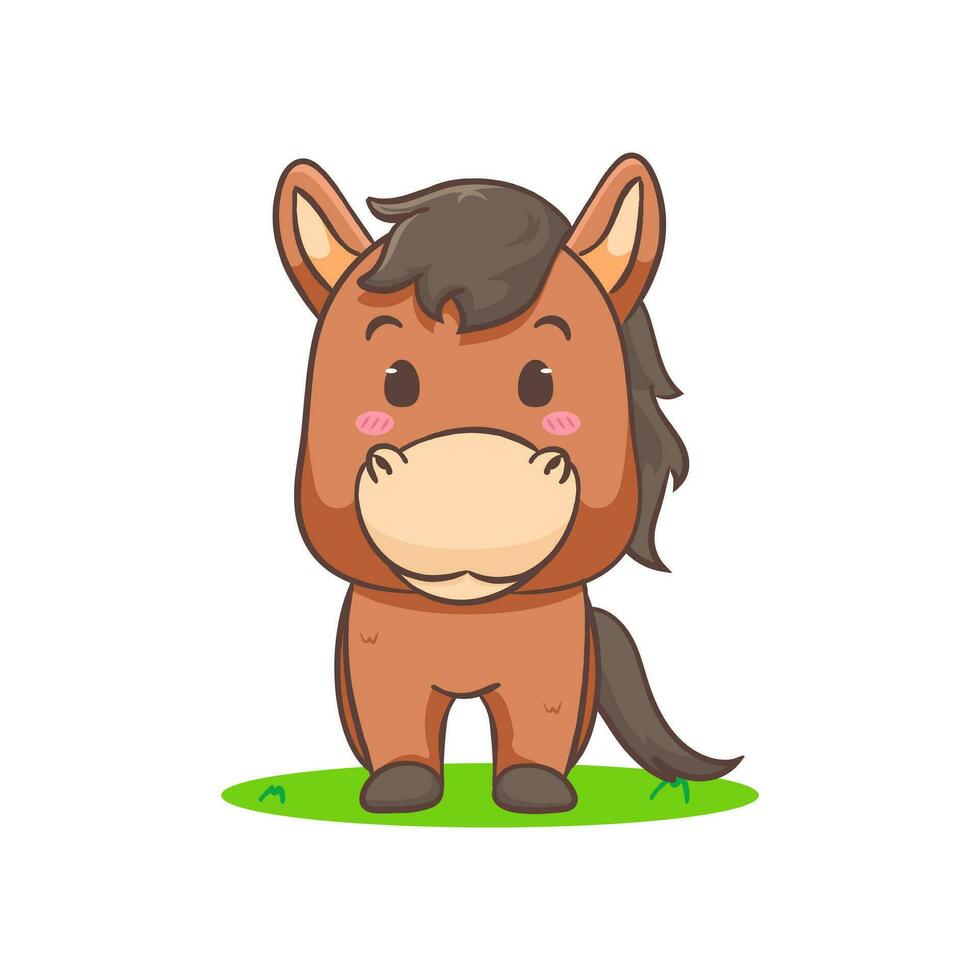 Cute brown horse cartoon isolated white background. Adorable kawaii animal concept design vector illustration