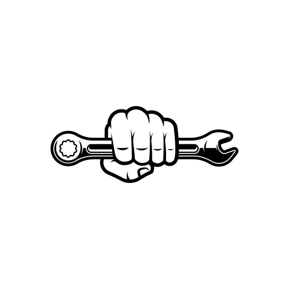 Hand holding wrench vector isolated on white background.