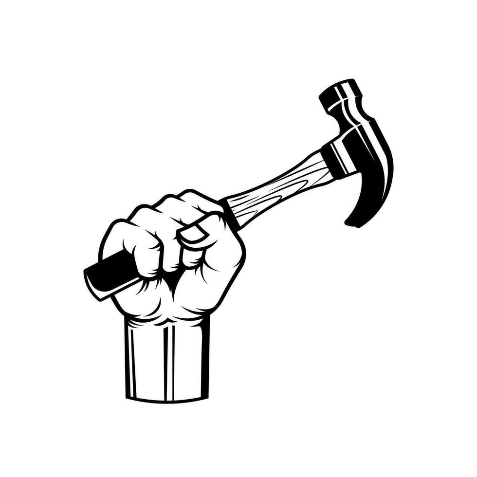 Hand holding hammer vector line art.