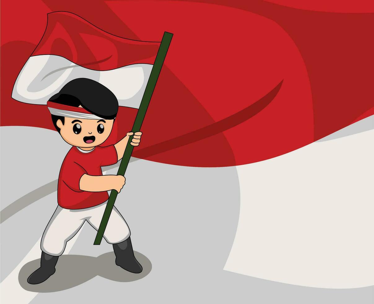 independence day of indonesian. hero kid hold indonesian flag vector