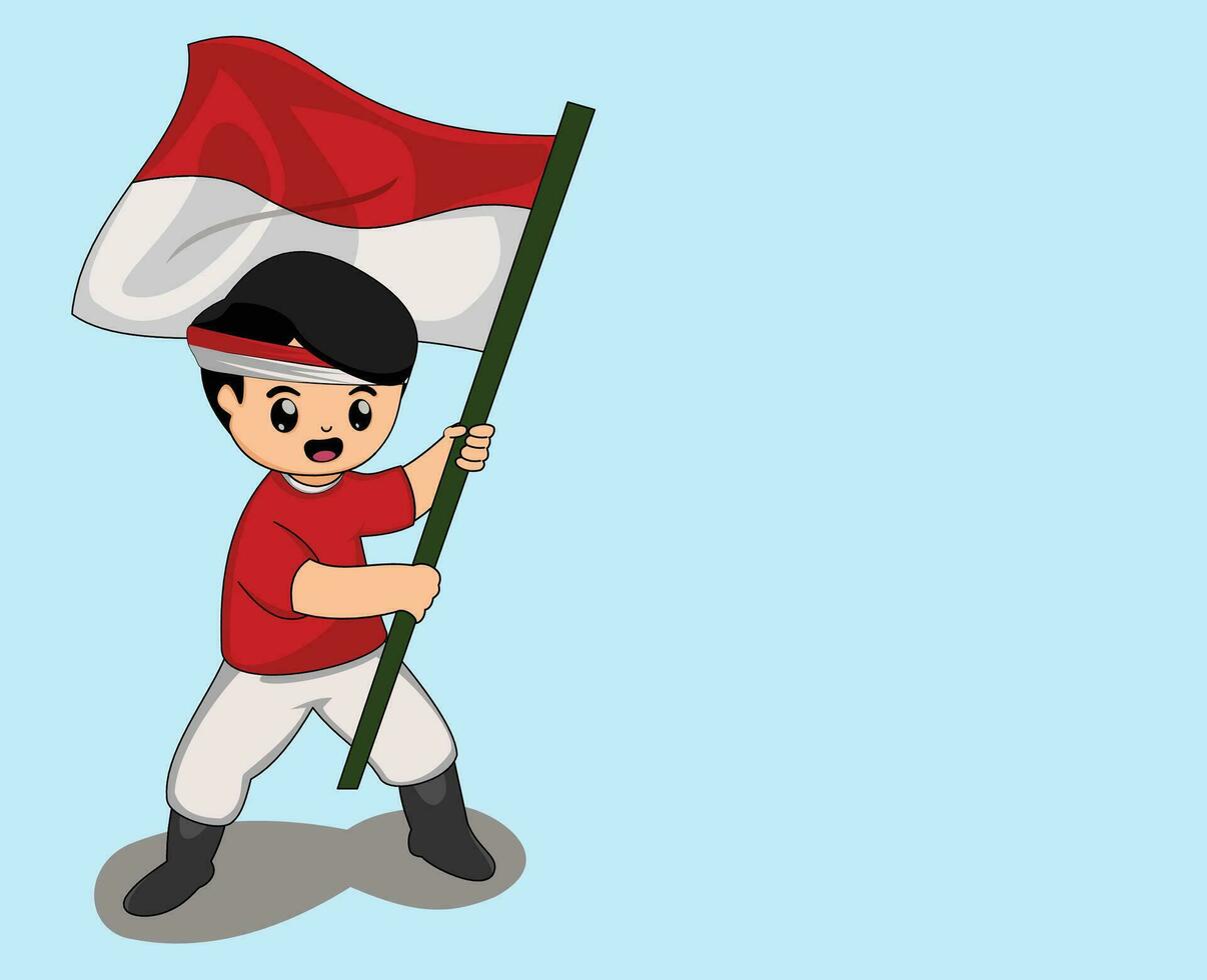 independence day of indonesian. illustration kid waving indonesian flag vector