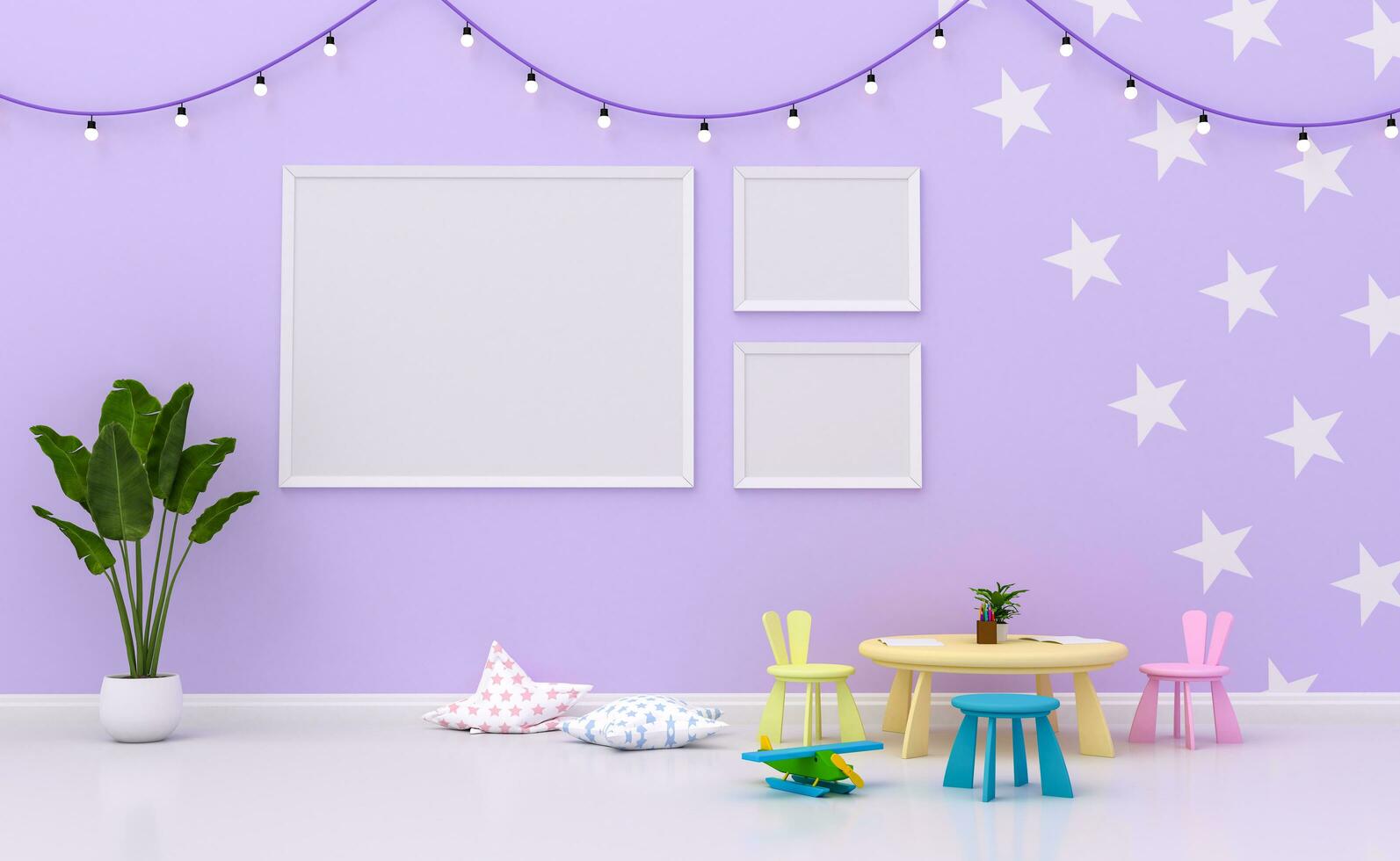 Mock up Kids room interior decorated,  wall in child room with Picture frame, 3d rendering photo