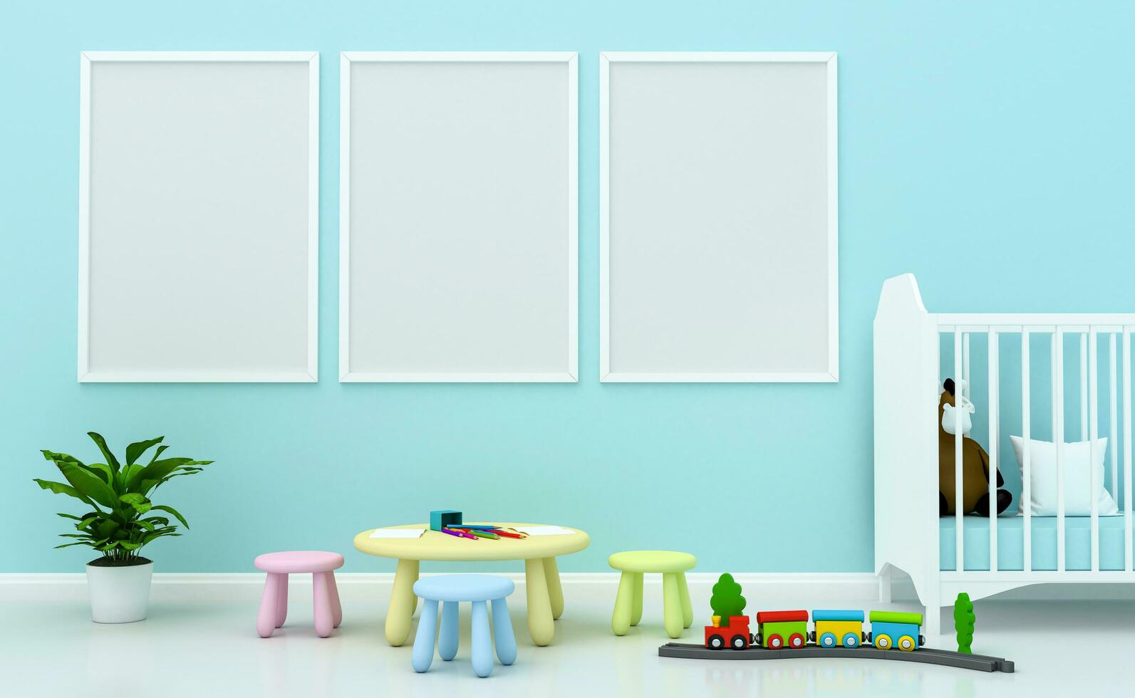 burlarse de arriba niños habitación interior decorado, pared en niño habitación con imagen marco, 3d representación foto