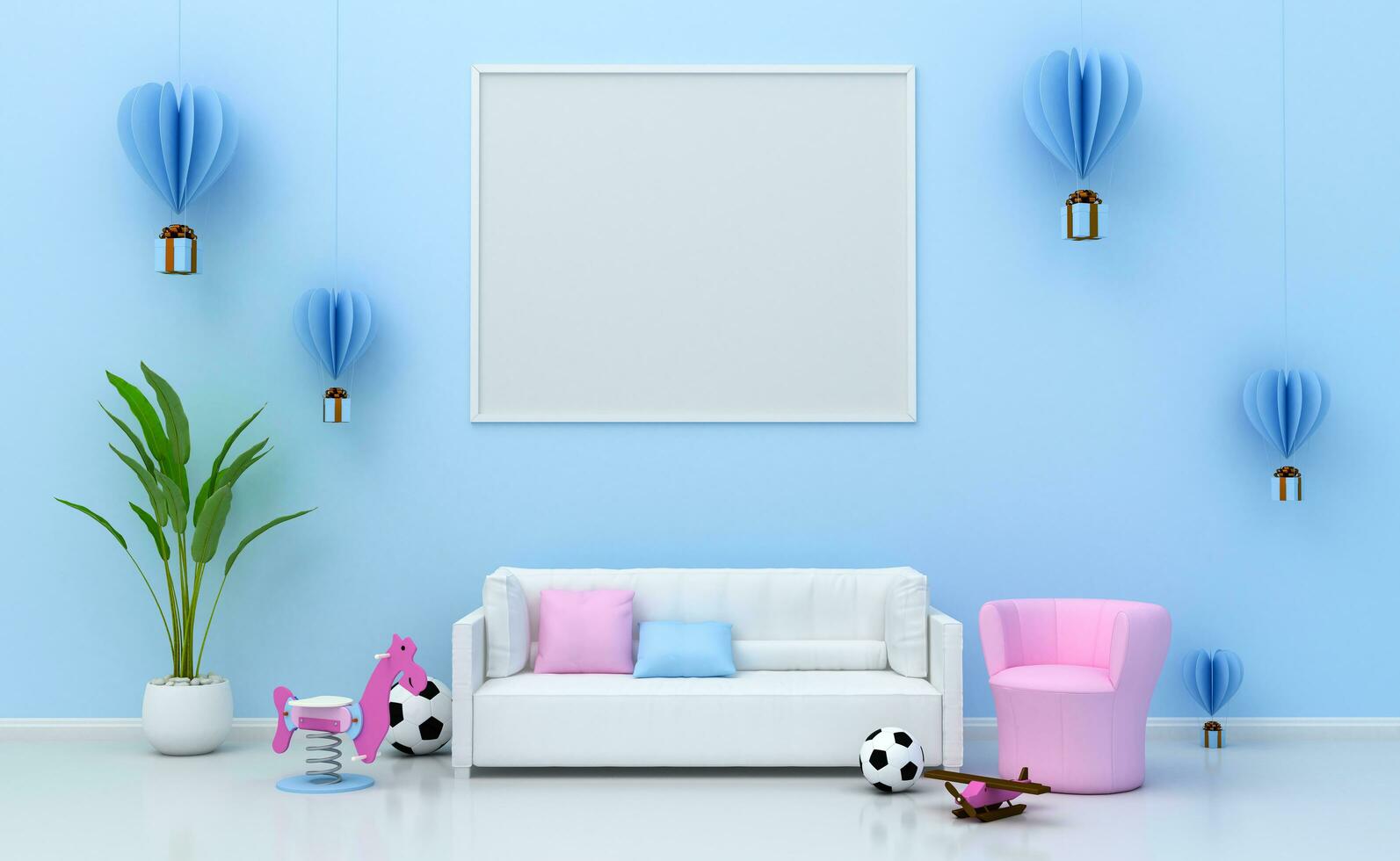 Mock up Kids room interior decorated,  wall in child room with Picture frame, 3d rendering photo