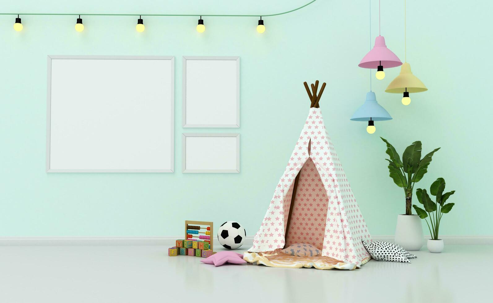 Mock up Kids room interior decorated,  wall in child room with Picture frame, 3d rendering photo
