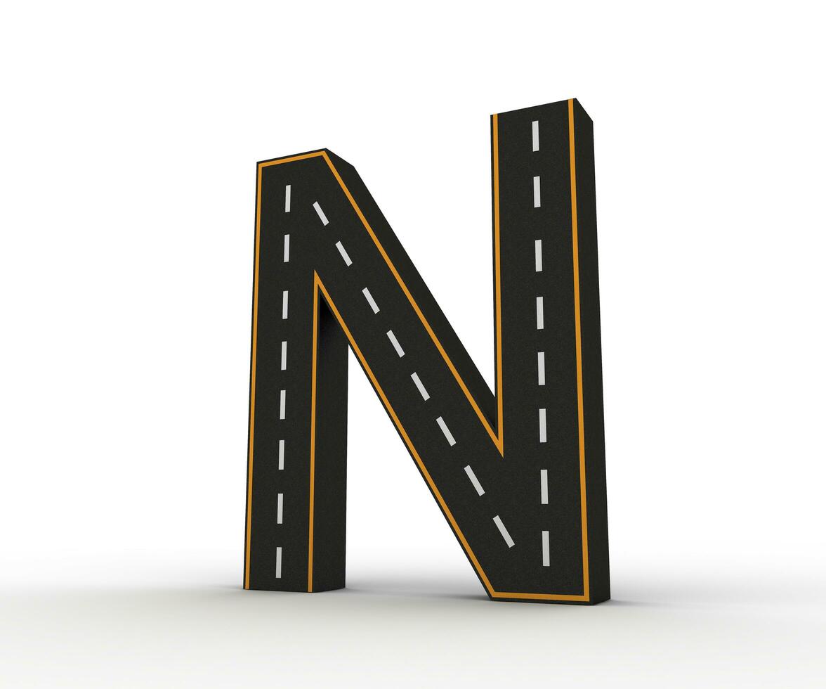 Alphabet symbols of the Figures in the form of a road with white and yellow line, 3d rendering photo