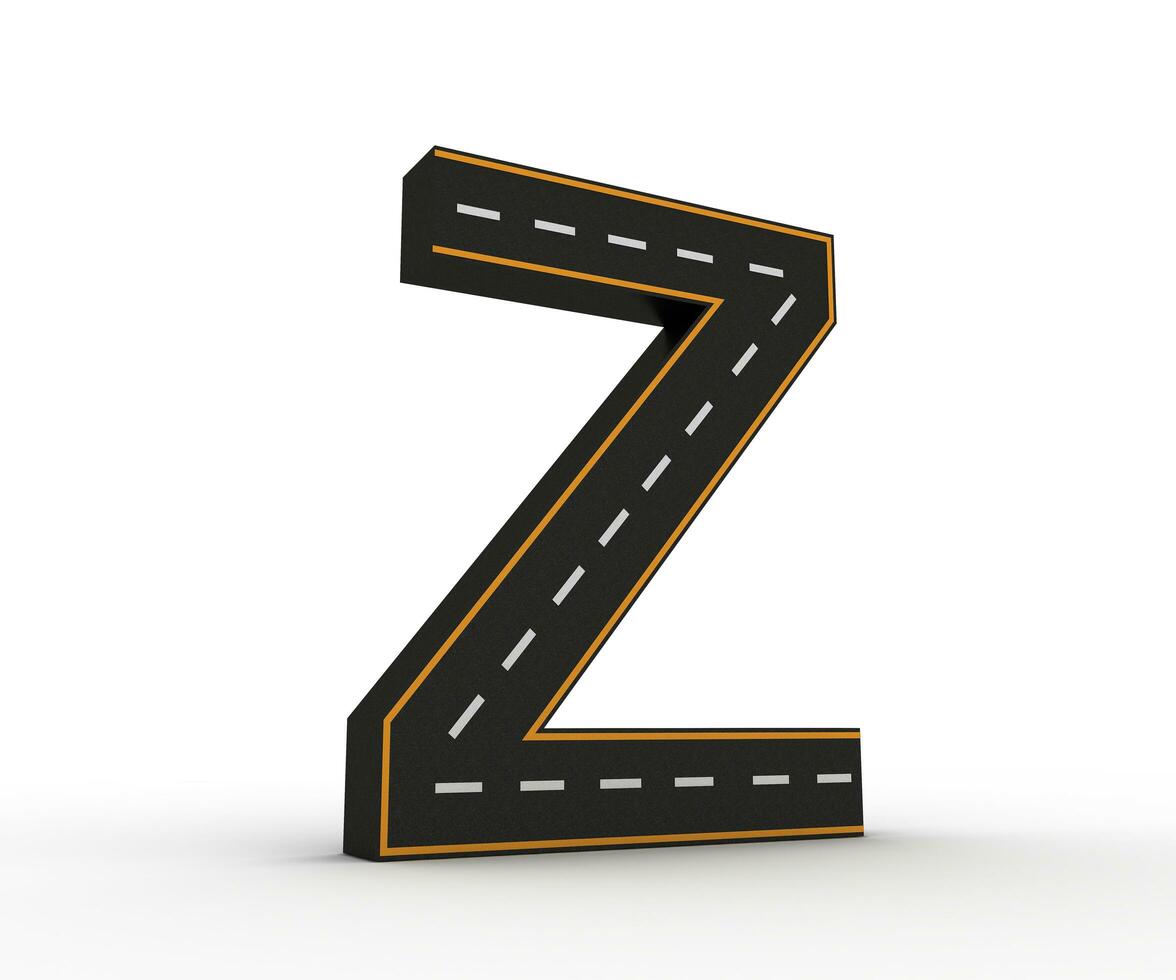 alfabeto símbolos de el cifras en el formar de un la carretera con blanco y amarillo línea, 3d representación foto