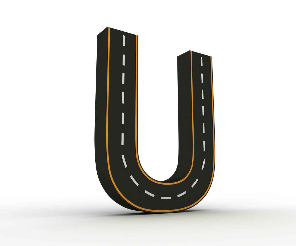 Alphabet symbols of the Figures in the form of a road with white and yellow line, 3d rendering photo