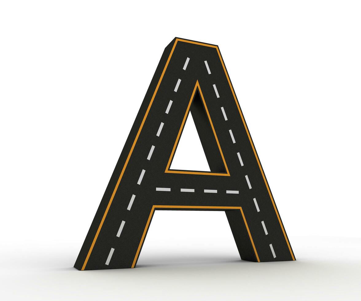 alfabeto símbolos de el cifras en el formar de un la carretera con blanco y amarillo línea, 3d representación foto
