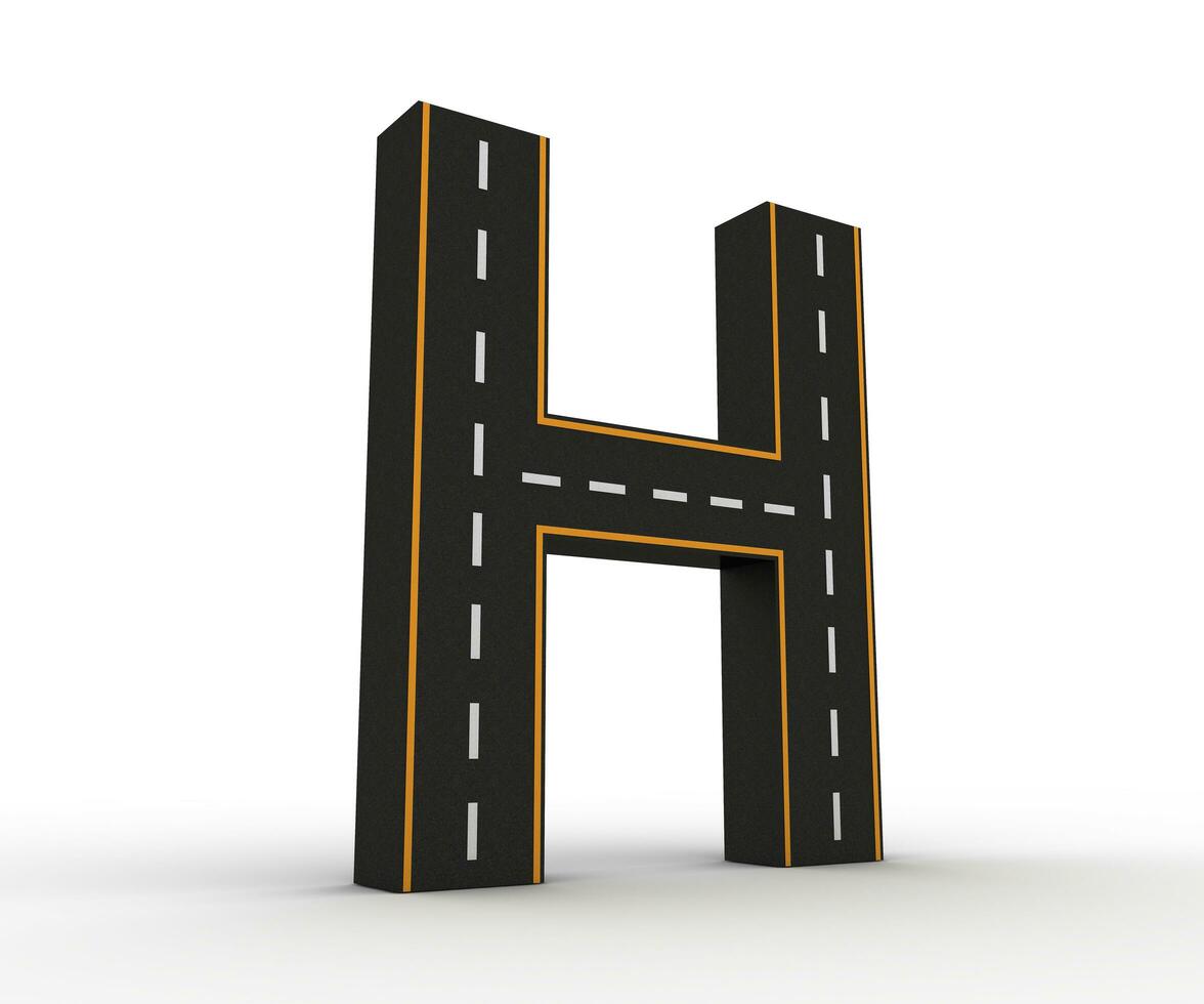 Alphabet symbols of the Figures in the form of a road with white and yellow line, 3d rendering photo