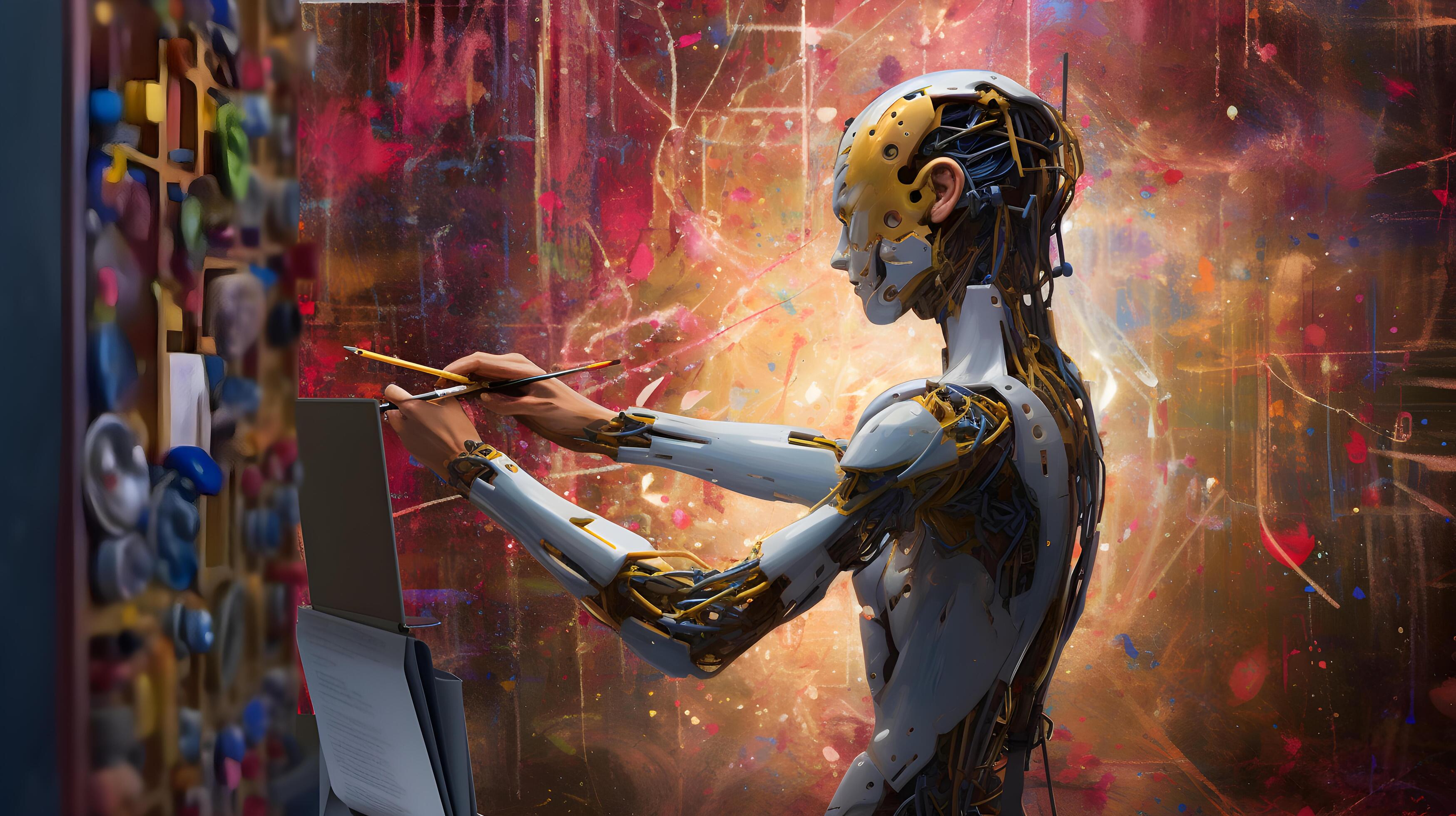 AI Artificial Intelligence Humanoid painting on canvas, AI art ...